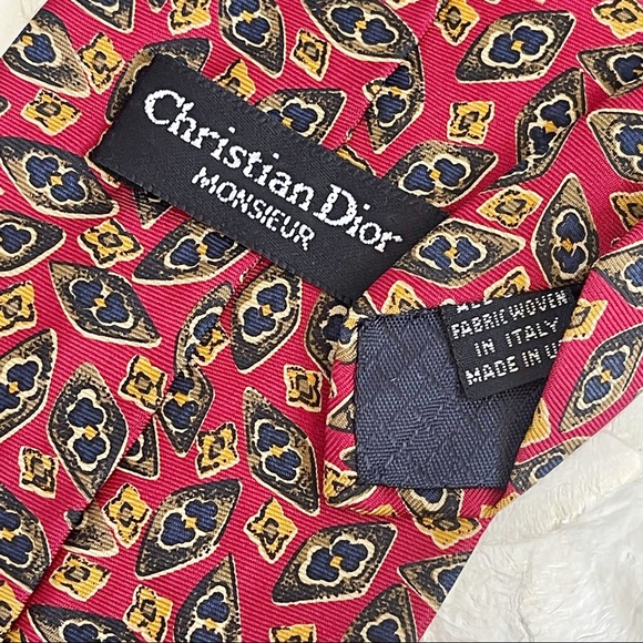 Vintage Christian Dior Red Gold Brown Floral Mens Silk Tie Designer Classic - Picture 2 of 9